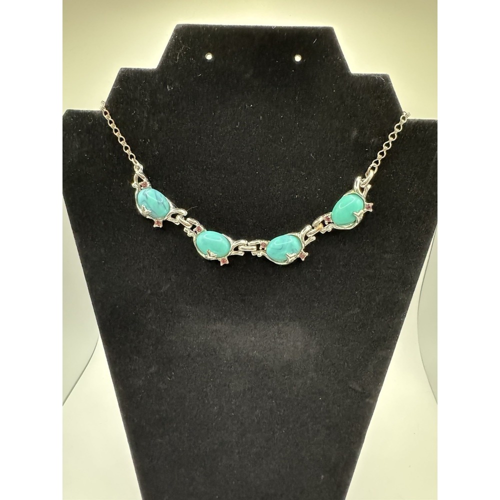 Vintage 1950s Turquoise Glass Stones and Silver Tone Necklace 14"